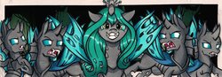Size: 2048x712 | Tagged: safe, artist:canvymamamoo, queen chrysalis, changeling, changeling queen, g4, angry, fangs, female, floppy ears, grin, looking at you, open mouth, smiling, traditional art
