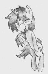 Size: 791x1232 | Tagged: safe, artist:spackle, derpibooru exclusive, oc, oc only, oc:seafood dinner, pony, unicorn, bipedal, blushing, cute, female, frog (hoof), mare, monochrome, ocbetes, one eye closed, tongue out, traditional art, underhoof, windswept mane, wink