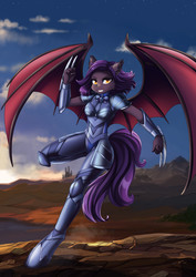 Size: 3508x4961 | Tagged: safe, artist:lifejoyart, oc, oc only, oc:dawn sentry, bat pony, anthro, armor, attack, bat wings, claws, cloud, fighting stance, solo, weapon, wings