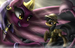 Size: 1024x652 | Tagged: safe, artist:hoodiefoxy, daring do, the sphinx, pegasus, pony, sphinx, g4, macro, size difference