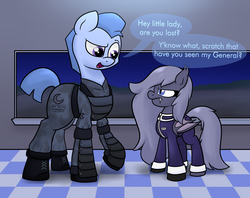 Size: 3000x2381 | Tagged: safe, artist:moonatik, oc, oc only, oc:selenite, bat pony, earth pony, pony, new lunar millennium, alternate timeline, angry, annoyed, armor, bat pony oc, boots, clothes, condescending, dialogue, female, general, gloves, high res, indoors, long mane, long tail, male, mare, military uniform, moon, night, nightmare takeover timeline, shoes, short tail, size difference, soldier, stallion, this will end in pain, uniform