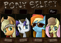 Size: 2333x1631 | Tagged: safe, artist:mitconnors, applejack, fluttershy, rainbow dash, rarity, pony, g4, cap, clothes, cosplay, costume, crossover, fio germi, game, glasses, hat, marco rossi, metal slug, parody, screen, video game