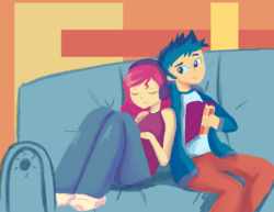 Size: 3300x2550 | Tagged: dead source, safe, artist:pettypop, flash sentry, sunset shimmer, equestria girls, g4, my little pony equestria girls: better together, couch, duo, eyes closed, female, headphones, high res, limited palette, male, ship:flashimmer, shipping, straight