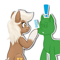 Size: 512x512 | Tagged: safe, artist:darnelg, edit, anon pony, blaze (coat marking), boop, coat markings, crossover, duo, epona, exclamation point, facial markings, outline, sheikah, sheikah text, simple background, socks (coat markings), telegram sticker, the legend of zelda, transparent background