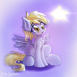 Size: 2048x2048 | Tagged: safe, artist:chaosangeldesu, derpy hooves, pegasus, pony, g4, blushing, cute, derpabetes, eye clipping through hair, eyebrows, eyebrows visible through hair, female, high res, mare, open mouth, signature, sitting, solo, spread wings, stars, wings