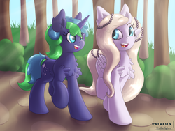 Size: 3000x2250 | Tagged: safe, artist:shad0w-galaxy, oc, pegasus, pony, unicorn, chest fluff, commission, cute, ear fluff, female, fluffy, forest, high res, mare, patreon, smiling, talking, walking