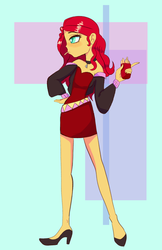 Size: 1893x2921 | Tagged: dead source, safe, artist:pettypop, sunset shimmer, equestria girls, g4, alternate clothes, bare shoulders, clothes, dress, female, food, french fries, high heels, jacket, shoes, solo