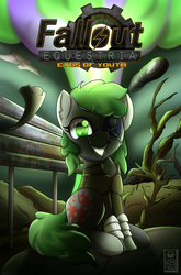 Size: 1700x2580 | Tagged: safe, artist:elmutanto, oc, oc only, oc:twisted gears, earth pony, pony, fallout equestria, fanfic:fallout equestria: eyes of youth, clothes, complex background, explosion, eyepatch, fanfic, fanfic art, fanfic cover, female, filly, grin, jacket, raider, sitting, smiling, solo, tree, wheel