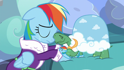 Size: 1280x720 | Tagged: safe, screencap, rainbow dash, tank, g4, tanks for the memories, bathrobe, bed, clothes, crying, rainbow dash slippers, robe, sad