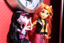 Size: 6000x4000 | Tagged: safe, artist:artofmagicpoland, sunset shimmer, equestria girls, g4, my little pony equestria girls: better together, clock, comforting, crossover, depressed, doll, draculaura, female, helping, irl, monster high, photo, reboot series, toy