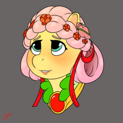 Size: 4000x4000 | Tagged: safe, artist:mr.smile, fluttershy, pegasus, pony, g4, alternate hairstyle, blushing, female, flower, flower in hair, gray background, lipstick, mare, ribbon, simple background, solo