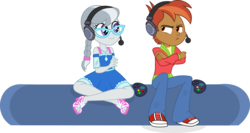 Size: 5212x2764 | Tagged: safe, artist:punzil504, button mash, silver spoon, equestria girls, g4, braided ponytail, buttonbetes, clothes, clothes swap, controller, cute, dress, feet, female, gamer, glasses, headset, high heels, male, pants, sandals, shoes, silverbetes, simple background, sitting, smiling, sneakers, transparent background