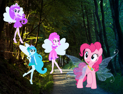 Size: 1796x1372 | Tagged: safe, artist:cookiechans2, artist:estories, artist:user15432, pinkie pie, oc, oc:fern, oc:lily, oc:willow, fairy, fairy pony, human, equestria girls, artificial wings, augmented, bare shoulders, barely eqg related, barely pony related, base used, blue fairy, cepia llc, crossover, crown, element of laughter, equestria girls style, equestria girls-ified, fairies, fairies are magic, fairy princess, fairy wings, fairyized, fern, forest, hasbro, hasbro studios, humanized, jewelry, lily (of dragons fairies and wizards), magic, magic wings, necklace, of dragons fairies and wizards, pink fairy, princess pinkie pie, purple fairy, regalia, sparkly wings, strapless, tree, willow, winged humanization, wings