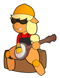 Size: 1187x1528 | Tagged: safe, applejack, earth pony, pony, g4, banjo, clothes, cosplay, costume, crossover, engineer, engineer (tf2), female, goggles, hard hat, musical instrument, solo, team fortress 2