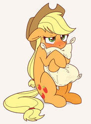 Size: 1730x2351 | Tagged: safe, artist:nolycs, applejack, earth pony, pony, g4, applejack's hat, blushing, clothes, cowboy hat, cute, female, freckles, hat, hug, jackabetes, mare, pillow, pillow hug, simple background, solo, stetson, white background