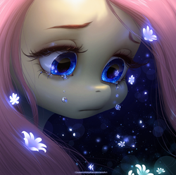 Size: 1677x1662 | Tagged: safe, artist:katputze, fluttershy, pegasus, pony, bust, crying, cute, female, flower, fluttercry, looking down, mare, portrait, redraw, sad, sadorable, solo, teardrop, teary eyes, three quarter view