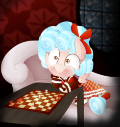 Size: 1463x1558 | Tagged: safe, artist:andromedasparkz, cozy glow, pegasus, pony, g4, checkmate, chess, couch, creepy, creepy smile, female, filly, implied anon, offscreen character, pure concentrated unfiltered evil of the utmost potency, smiling, tartan