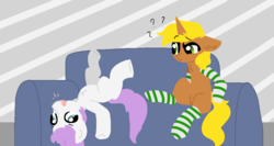 Size: 1200x640 | Tagged: safe, artist:nootaz, oc, oc:rock, oc:sophi, earth pony, pony, unicorn, chest fluff, clothes, commission, couch, cute, male, socks, striped socks