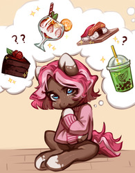Size: 1280x1644 | Tagged: safe, artist:aphphphphp, oc, oc only, oc:ginger, earth pony, pony, cake, clothes, food, ice cream, question mark, smoothie, solo, sushi, sweater, thought bubble