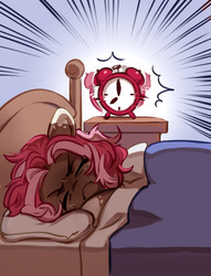 Size: 1280x1675 | Tagged: safe, artist:aphphphphp, oc, oc only, oc:ginger, earth pony, pony, alarm, alarm clock, angry, bed, clock, pillow, solo