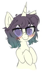Size: 600x1029 | Tagged: safe, artist:sinamuna, oc, oc only, oc:ana-mae, pony, unicorn, blushing, brown hair, bust, freckles, glasses, gradient mane, green hair, hooves to the chest, horn, purple eyes, short hair, smiling, solo, ych result