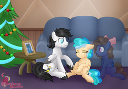 Size: 2962x2059 | Tagged: safe, artist:raspberrystudios, oc, oc only, oc:doodlebug, ghost, pegasus, pony, bow, christmas, christmas tree, couch, crying, feathered fetlocks, female, hair bow, hearth's warming, high res, holiday, hoof on belly, male, mare, photo, stallion, tears of joy, tree