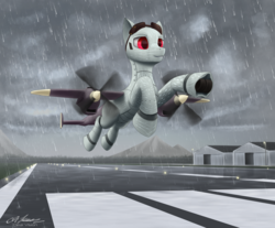 Size: 3465x2871 | Tagged: safe, artist:clear vision, oc, oc only, oc:dorn, original species, plane pony, pony, cloud, commission, do 217 n2, flying, goggles, high res, male, plane, rain, red eyes, runway, runway lights, smiling, solo, stallion, wet