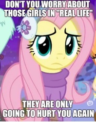 Size: 755x960 | Tagged: safe, edit, edited screencap, screencap, applejack, fluttershy, rarity, pegasus, pony, best gift ever, g4, caption, clothes, concerned, cropped, earmuffs, female, frown, image macro, impact font, looking at you, mare, meme, needs more jpeg, solo focus, sweater, sweatershy, talking to viewer, text, winter outfit