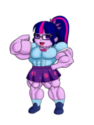 Size: 1500x2000 | Tagged: safe, artist:nokozeze, sci-twi, twilight sparkle, equestria girls, g4, my little pony equestria girls: better together, buff, chibi, clothes, female, glasses, muscle fetish, muscles, open mouth, overdeveloped muscles, simple background, skirt, solo, transparent background, twilight muscle
