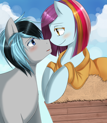 Size: 2000x2300 | Tagged: safe, artist:netamenta, oc, oc only, oc:dolly flash, earth pony, pegasus, pony, blushing, clothes, eye contact, female, high res, looking at each other, male, prone, shipping, smiling, straight