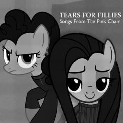 Size: 2000x2000 | Tagged: safe, artist:grapefruitface1, artist:magister39, artist:porygon2z, fluttershy, pinkie pie, earth pony, pegasus, pony, g4, album cover, black and white, duo, female, grayscale, high res, looking at you, mare, monochrome, show accurate, songs from the big chair, tears for fears