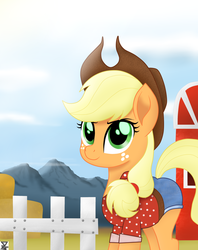 Size: 2300x2900 | Tagged: safe, artist:theretroart88, applejack, earth pony, pony, equestria girls series, five to nine, applejack's hat, barn, clothes, cowboy hat, cute, equestria girls outfit, female, fence, freckles, hat, jackabetes, looking at you, mare, mountain, movie accurate, shirt, shorts, smiling, solo
