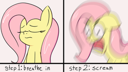 Size: 2863x1617 | Tagged: safe, artist:infrayellow, fluttershy, pony, g4, aaaaaaaaaa, angry, eyes closed, female, inhaling, meme, motion blur, screaming, solo, step by step