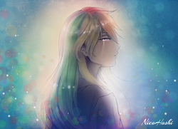 Size: 1080x782 | Tagged: safe, artist:nicohoshi, rainbow dash, human, g4, clothes, crying, female, humanized, sad, signature, solo