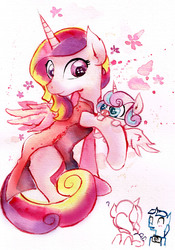 Size: 2409x3437 | Tagged: safe, artist:mashiromiku, princess cadance, princess flurry heart, shining armor, pony, g4, animal costume, blushing, camera, chinese new year, clothes, costume, cute, female, flurrybetes, high res, mother and daughter, traditional art, watercolor painting