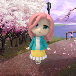 Size: 512x512 | Tagged: safe, fluttershy, human, g4, cherry blossoms, chibi, clothes, cute, female, figure, figurine, flower, flower blossom, humanized, skirt, solo