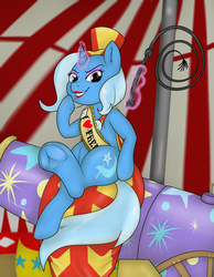 Size: 1400x1800 | Tagged: safe, artist:pavlovzdawg, trixie, pony, g4, cannon, circus, clothes, female, lipstick, solo, whip