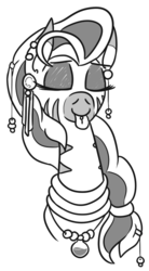 Size: 415x752 | Tagged: safe, artist:jargon scott, oc, oc only, oc:matriarch zeg'us, pony, zebra, :p, bust, ear piercing, eyes closed, grayscale, jewelry, monochrome, neck rings, necklace, piercing, raspberry, simple background, solo, tongue out, tongue piercing, white background, zebra oc