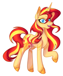 Size: 1300x1550 | Tagged: safe, artist:puddingskinmcgee, sunset shimmer, pony, unicorn, g4, alternate design, alternate hairstyle, coat markings, female, g5 concept leak style, looking at you, mare, raised hoof, simple background, smiling, solo, swirly markings, transparent background