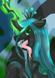Size: 2480x3508 | Tagged: safe, artist:mantarwolf, queen chrysalis, changeling, changeling queen, g4, crown, female, glowing, glowing horn, green eyes, high res, hive, horn, jewelry, magic, open mouth, regalia, solo, tongue out