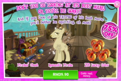 Size: 1036x692 | Tagged: safe, gameloft, idw, g4, my little pony: magic princess, advertisement, costs real money, idw showified, introduction card, male, sale, stallion