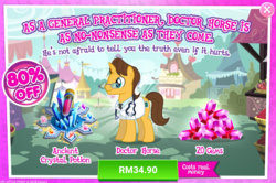 Size: 1033x685 | Tagged: safe, gameloft, doctor horse, doctor stable, pony, g4, advertisement, costs real money, element of generosity, element of honesty, element of kindness, element of laughter, element of loyalty, element of magic, element shard, gem, introduction card, male, sale, stallion