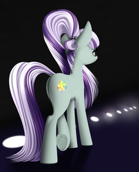 Size: 3150x3900 | Tagged: safe, artist:styroponyworks, coloratura, earth pony, pony, g4, away from viewer, black background, catwalk, female, frog (hoof), high res, mare, simple background, solo, underhoof