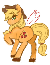 Size: 1551x2001 | Tagged: safe, artist:yamikaisu, applejack, earth pony, pony, g4, applejack's hat, clothes, cowboy hat, cute, female, freckles, hat, looking at you, looking back, looking back at you, mare, raised hoof, signature, simple background, smiling, solo, white background