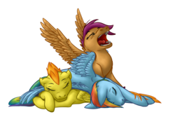 Size: 1024x683 | Tagged: safe, artist:dreamscape195, rainbow dash, scootaloo, spitfire, pegasus, pony, g4, cuddle puddle, cuddling, eyes closed, female, mare, open mouth, pony pile, redraw, simple background, sleeping, snuggling, transparent background, trio, yawn