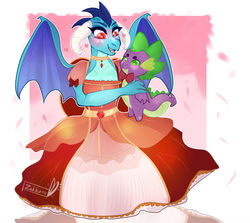 Size: 1024x915 | Tagged: safe, artist:zakkurro, princess ember, dragon, g4, abstract background, blushing, bowtie, clothes, commission, dragoness, dress, female, heart, heart eyes, implied emberspike, implied shipping, implied straight, open mouth, signature, solo, spike plushie, wingding eyes