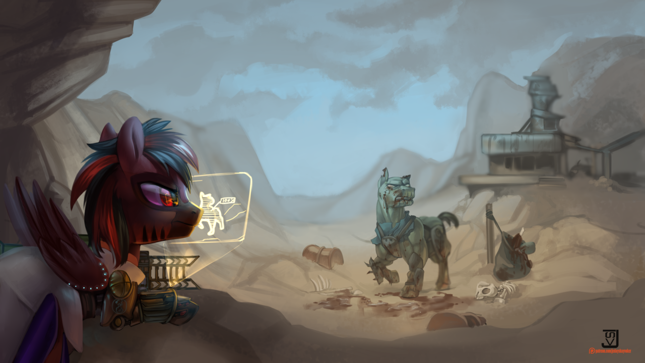 robot pony, fallout equestria, barrel, blood, bone, building, canyon, cloud...