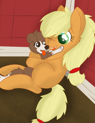 Size: 2550x3300 | Tagged: safe, artist:skyflys, applejack, winona, dog, pony, g4, blank flank, cute, female, filly, filly applejack, happy, high res, hug, puppy, younger