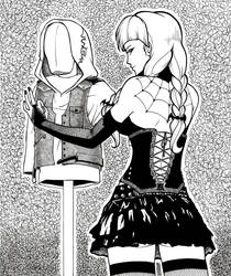 Size: 1024x1220 | Tagged: safe, artist:hbheavenlyboy, inky rose, human, g4, braid, braided pigtails, busty inky rose, clothes, female, fishnets, goth, humanized, miniskirt, monochrome, pigtails, rear view, sewing dummy, skirt, socks, solo, stockings, thigh highs, thighs, zettai ryouiki