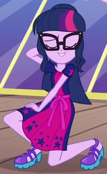 Size: 357x581 | Tagged: safe, screencap, sci-twi, twilight sparkle, equestria girls, g4, i'm on a yacht, my little pony equestria girls: better together, clothes, cropped, dress, eyes closed, female, glasses, legs, ponytail, pose, sexy, shoes, skirt, smiling, solo